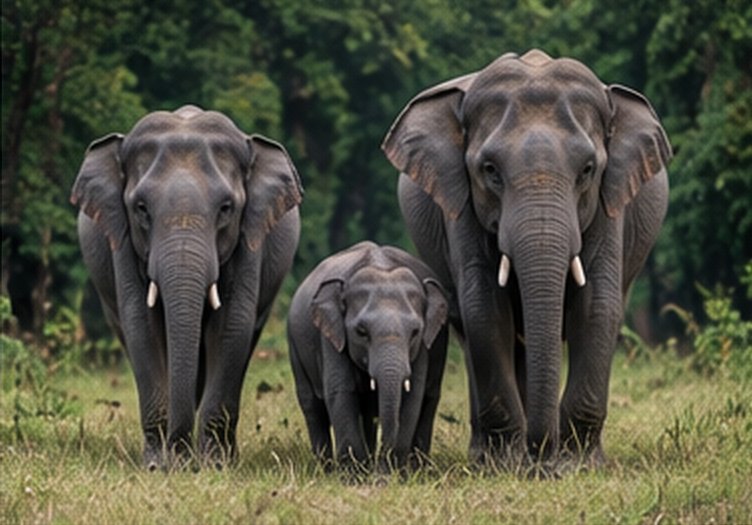 Elephants with a calf on grassland