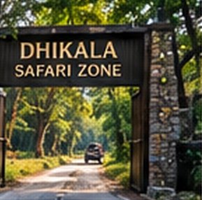 A forest safari gate signed Dhikala Safari Zone
