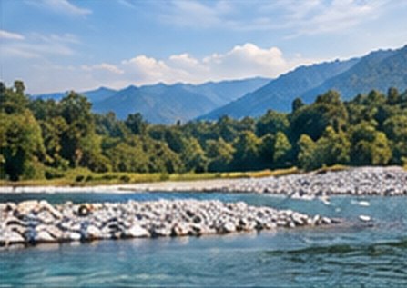 A river running through forested hills